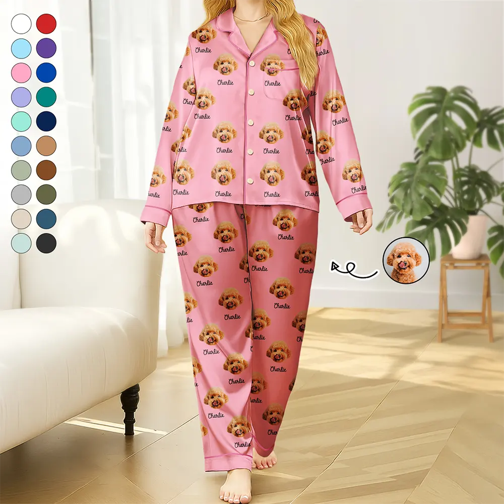 Custom Photo,Pet Lovers,Happy - Custom Photo Dog & Cat Portrait - Personalized Satin Pajama Set