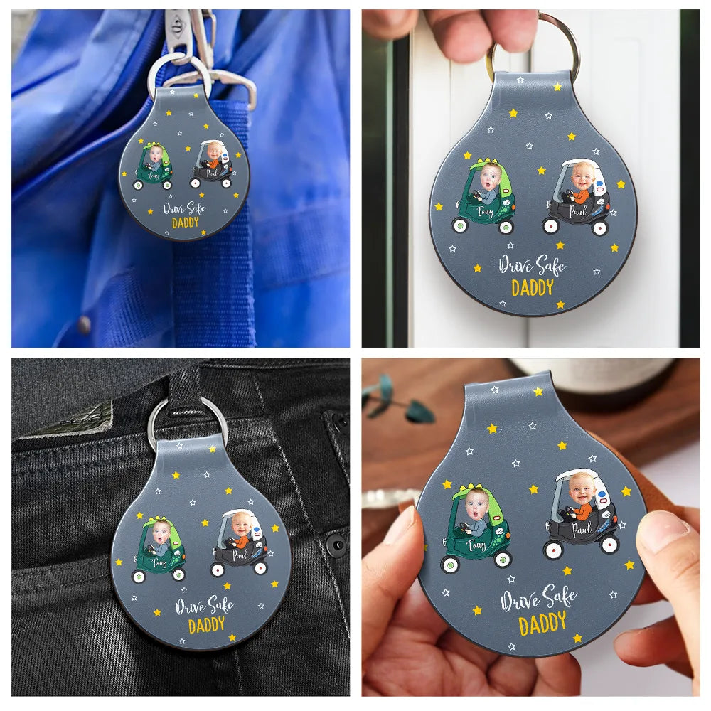 Gift For Father,Gift For Grandpa,Non-Eng,Photo,Vector,Adorable - Custom Photo Drive Safe Daddy Grandpa - Personalized Custom Shaped Leather Keychain