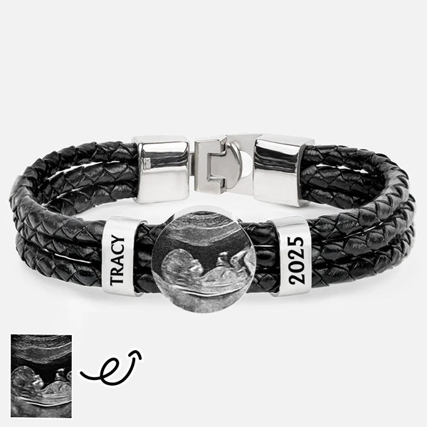 Happy, Gift For Husband, Gift For Wife, Parents, Gift For Mother, Gift For Father, New Dad, Expecting Dad, New baby, Pregnant Mom - Custom Photo Expecting Dad Mom New Parents - Personalized Leather Braided Bracelet