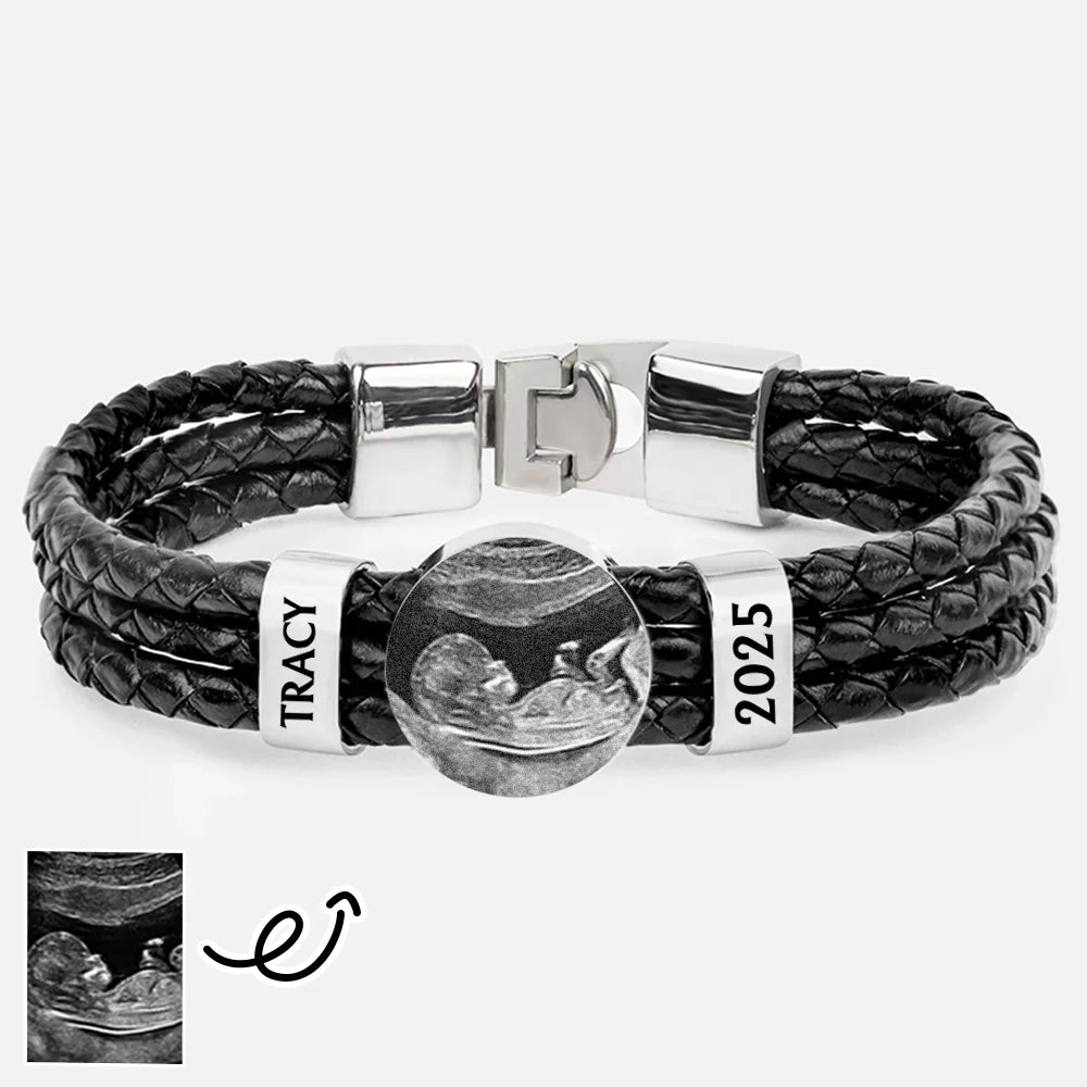 Custom Photo Expecting Dad Mom New Parents - Personalized Leather Braided Bracelet