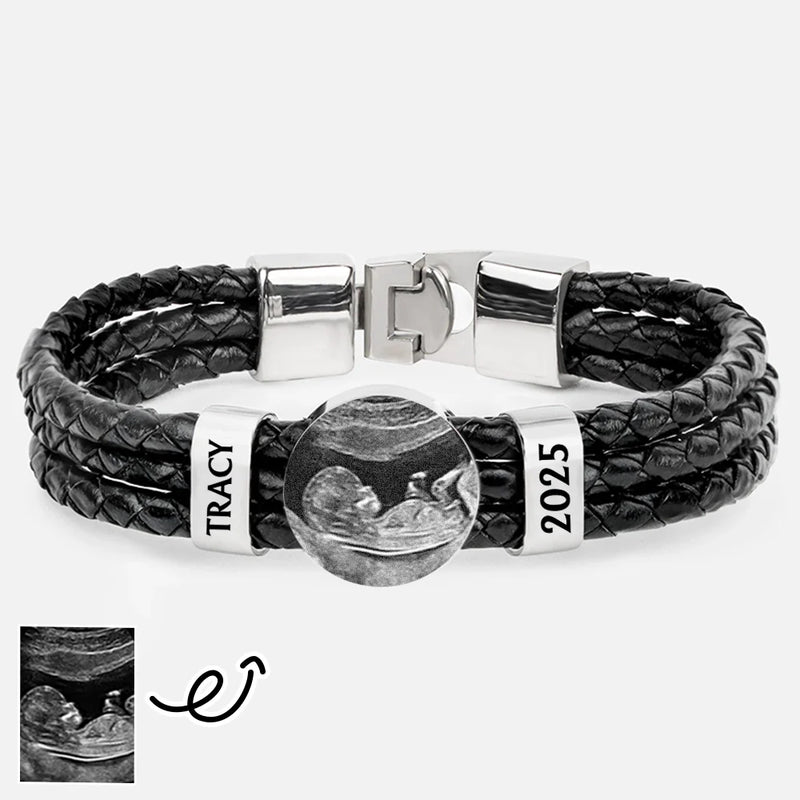 Happy, Gift For Husband, Gift For Wife, Parents, Gift For Mother, Gift For Father, New Dad, Expecting Dad, New baby, Pregnant Mom - Custom Photo Expecting Dad Mom New Parents - Personalized Leather Braided Bracelet