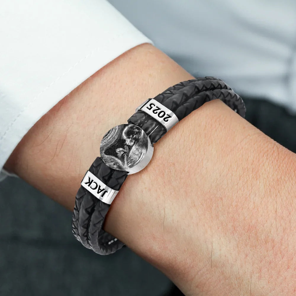Happy, Gift For Husband, Gift For Wife, Parents, Gift For Mother, Gift For Father, New Dad, Expecting Dad, New baby, Pregnant Mom - Custom Photo Expecting Dad Mom New Parents - Personalized Leather Braided Bracelet