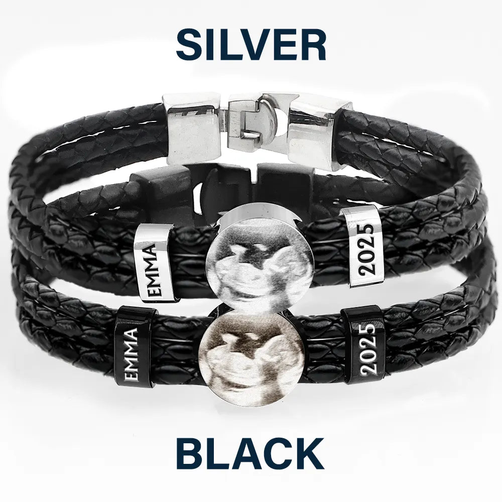Happy, Gift For Husband, Gift For Wife, Parents, Gift For Mother, Gift For Father, New Dad, Expecting Dad, New baby, Pregnant Mom - Custom Photo Expecting Dad Mom New Parents - Personalized Leather Braided Bracelet