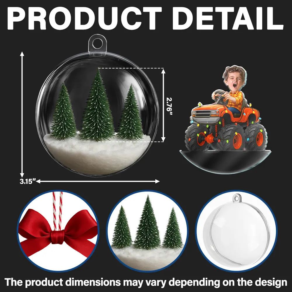 Gift For Kids,Custom Photo,Photo Hobby Ornament,Christmas,Happy - Custom Photo Face Kid Riding Monster Truck - Personalized 3D Acrylic Ball Ornament