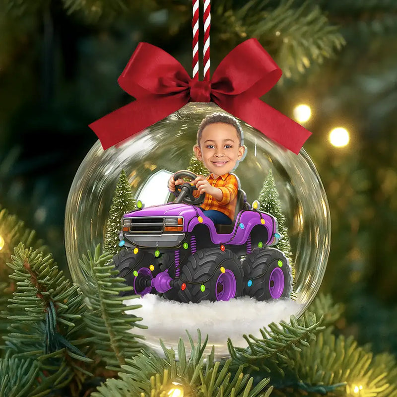 Gift For Kids,Custom Photo,Photo Hobby Ornament,Christmas,Happy - Custom Photo Face Kid Riding Monster Truck - Personalized 3D Acrylic Ball Ornament
