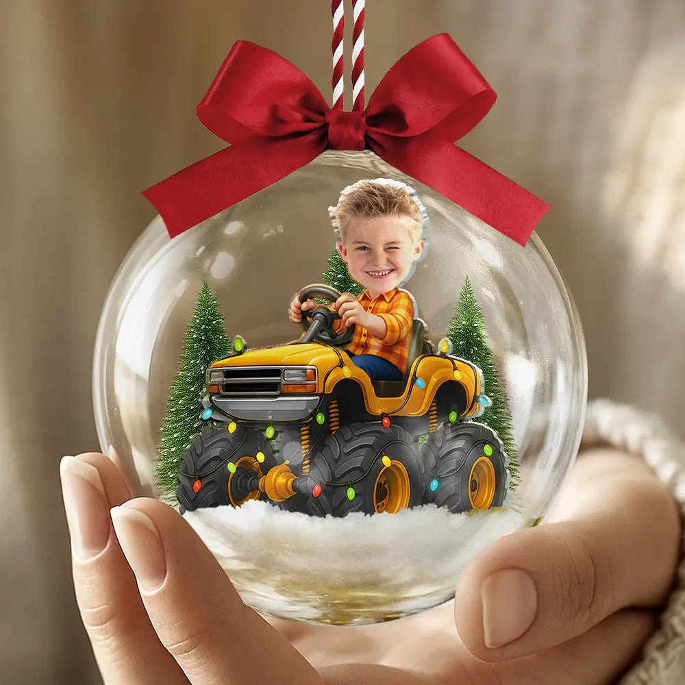 Gift For Kids,Custom Photo,Photo Hobby Ornament,Christmas,Happy - Custom Photo Face Kid Riding Monster Truck - Personalized 3D Acrylic Ball Ornament