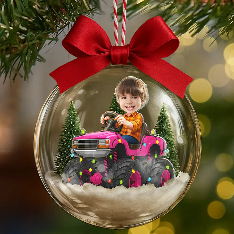 Gift For Kids,Custom Photo,Photo Hobby Ornament,Christmas,Happy - Custom Photo Face Kid Riding Monster Truck - Personalized 3D Acrylic Ball Ornament