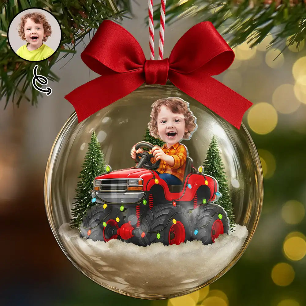 Gift For Kids,Custom Photo,Photo Hobby Ornament,Christmas,Happy - Custom Photo Face Kid Riding Monster Truck - Personalized 3D Acrylic Ball Ornament