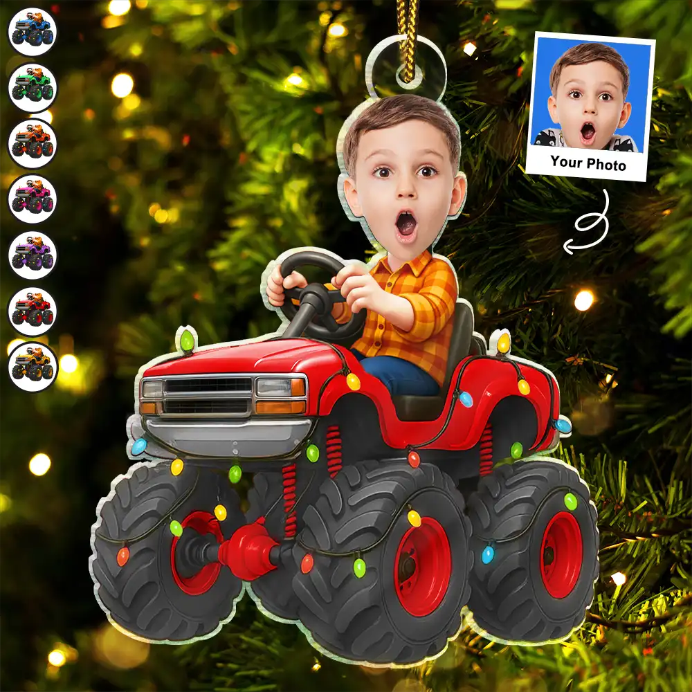 Custom Photo Face Kid Riding Monster Truck - Personalized Acrylic Photo Ornament
