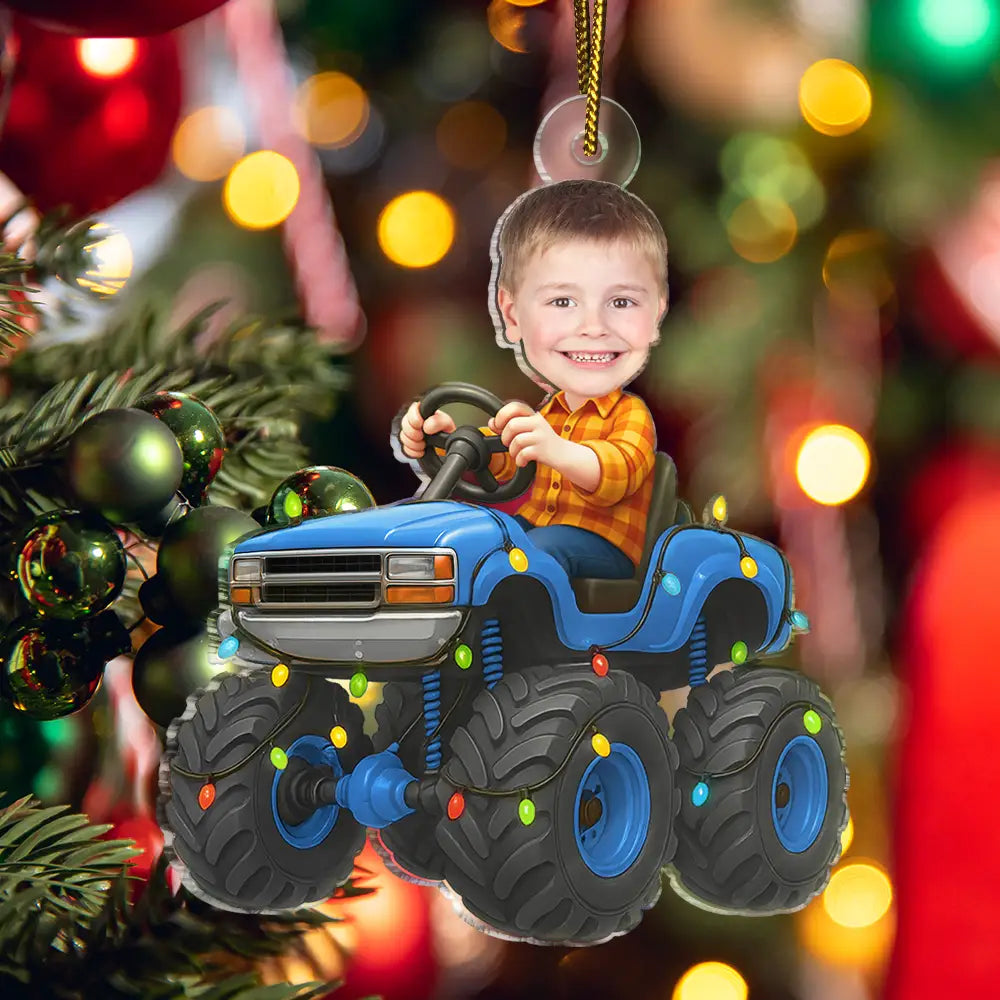 Gift For Kids, Gift For Grandkids, Photo Hobby Ornament, Custom Photo, Funny, Christmas - Custom Photo Face Kid Riding Monster Truck - Personalized Acrylic Photo Ornament