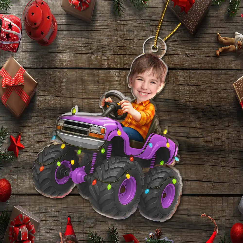 Gift For Kids, Gift For Grandkids, Photo Hobby Ornament, Custom Photo, Funny, Christmas - Custom Photo Face Kid Riding Monster Truck - Personalized Acrylic Photo Ornament