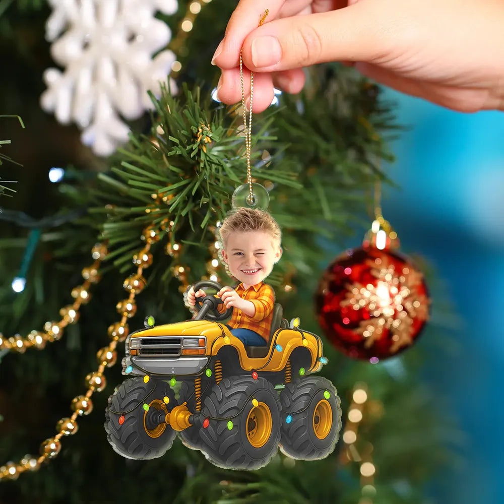 Gift For Kids, Gift For Grandkids, Photo Hobby Ornament, Custom Photo, Funny, Christmas - Custom Photo Face Kid Riding Monster Truck - Personalized Acrylic Photo Ornament