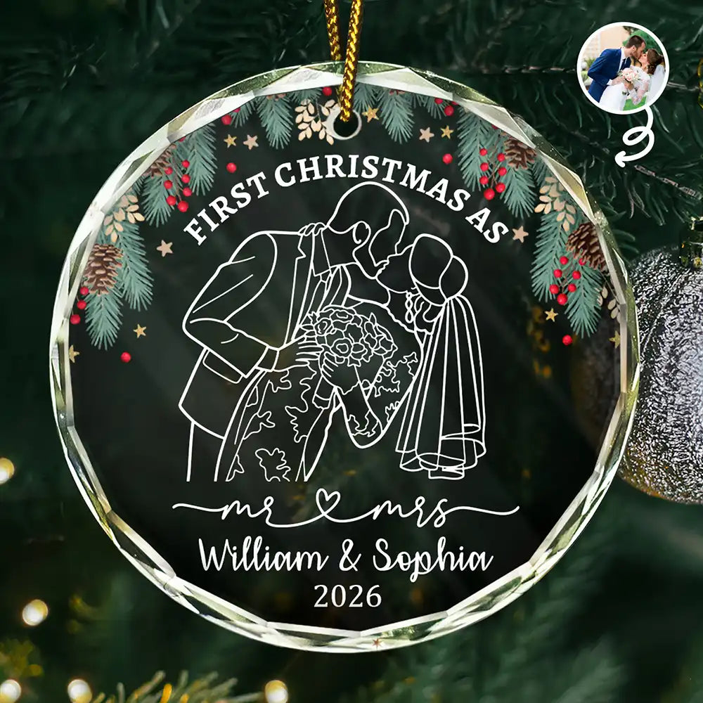 Custom Photo Faceless Outline Sketch First Christmas As Mr. & Mrs. - Personalized Circle Glass Ornament