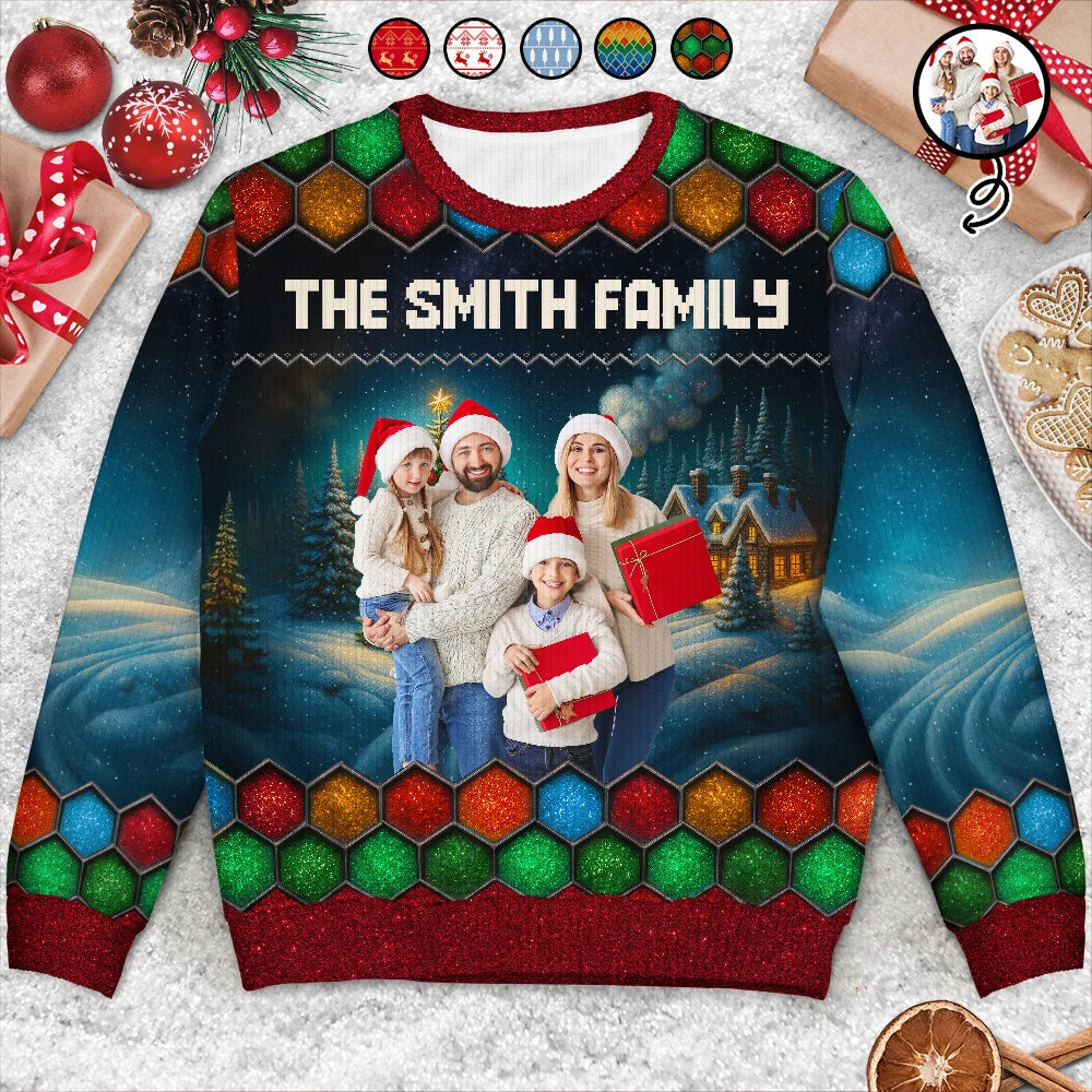 Christmas,Happy,Family - Custom Photo Family Beties With Winter Scene - Personalized Unisex Ugly Sweater
