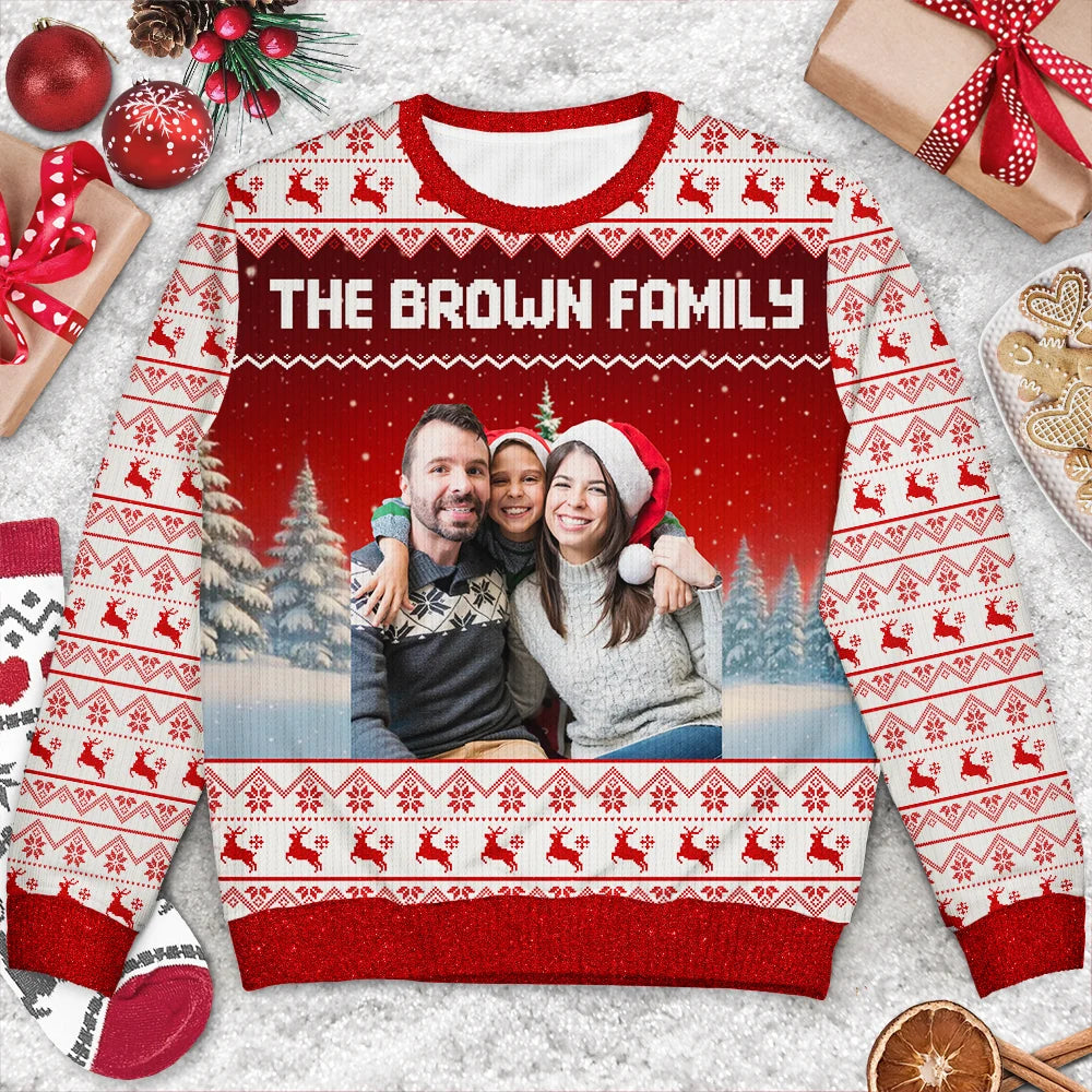 Christmas,Happy,Family - Custom Photo Family Beties With Winter Scene - Personalized Unisex Ugly Sweater