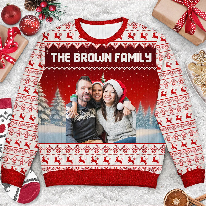 Christmas,Happy,Family - Custom Photo Family Beties With Winter Scene - Personalized Unisex Ugly Sweater