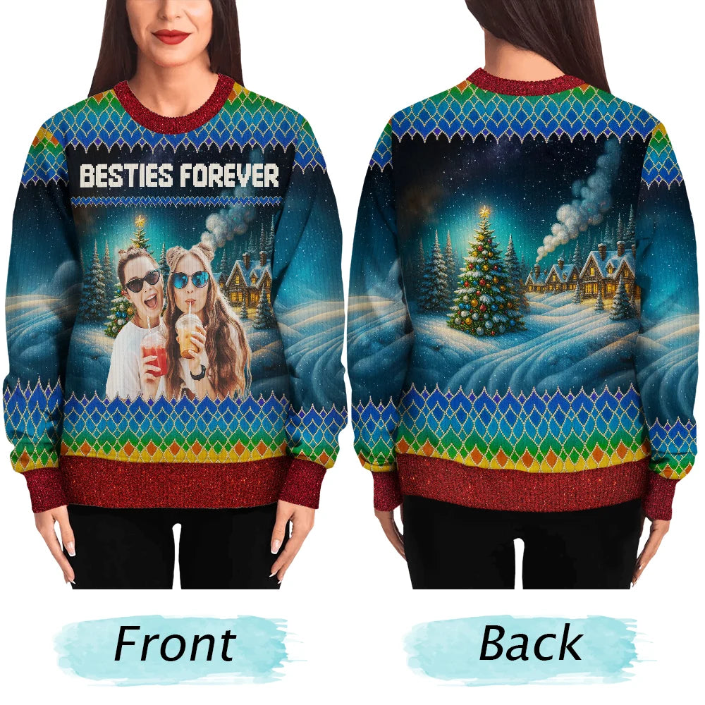 Christmas,Happy,Family - Custom Photo Family Beties With Winter Scene - Personalized Unisex Ugly Sweater