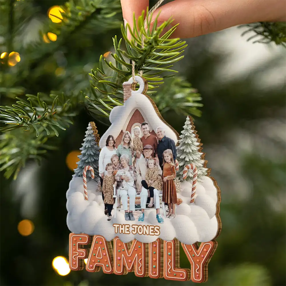 Family, Christmas, Happy - Custom Photo Family Christmas House - Personalized Custom Shaped Wooden Ornament