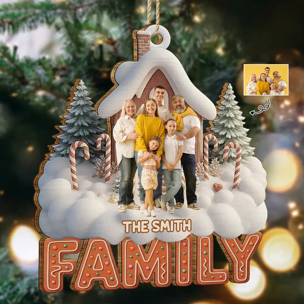 Family, Christmas, Happy - Custom Photo Family Christmas House - Personalized Custom Shaped Wooden Ornament