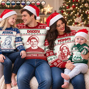 Art Design,Christmas,Family,Photo -  Knit-Style Line Art,HappyArt Design,Christmas,Family,Photo -  Knit-Style Line Art,Happy - Custom Photo Family Christmas Matching Sweater - Personalized Unisex Ugly Sweater