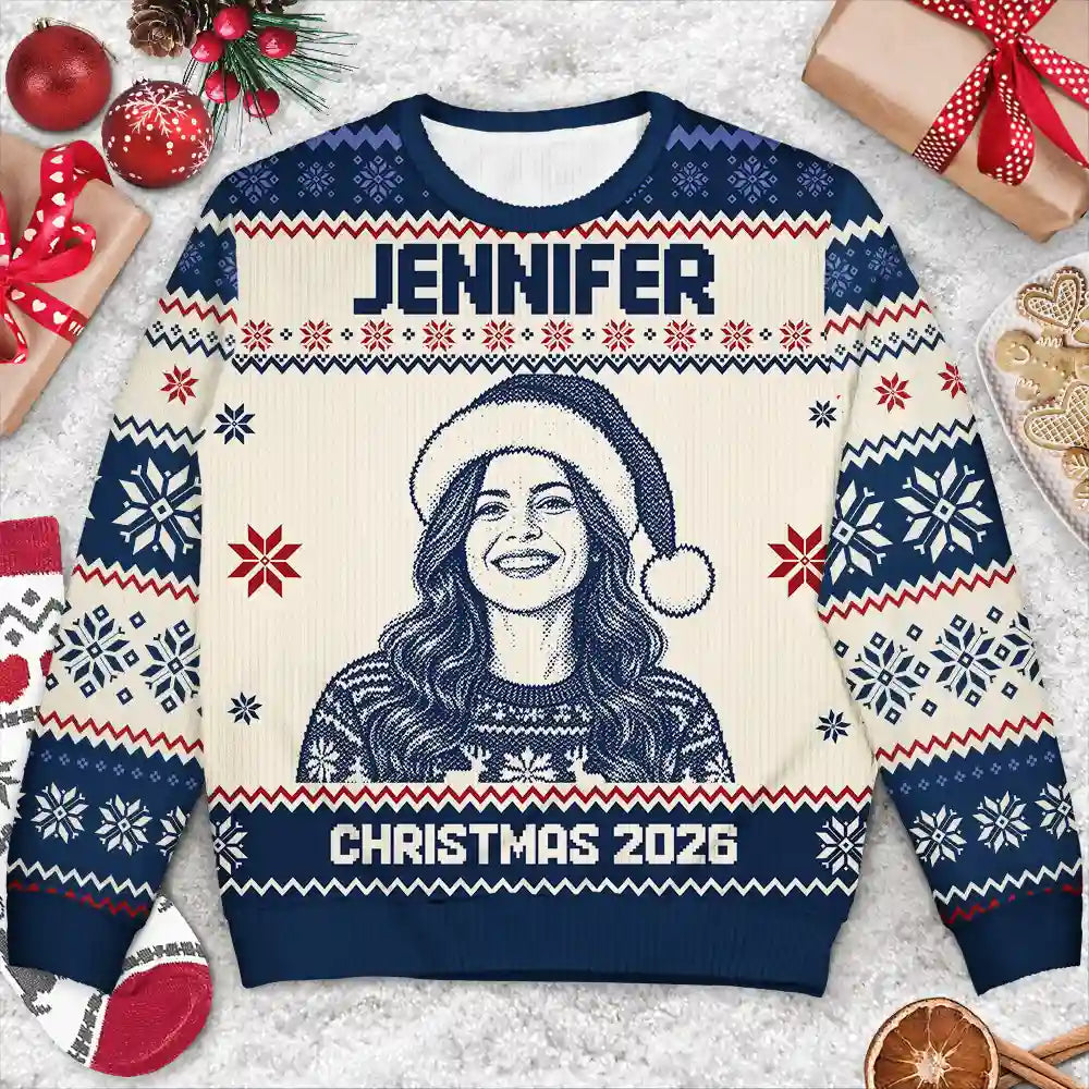 Art Design,Christmas,Family,Photo -  Knit-Style Line Art,HappyArt Design,Christmas,Family,Photo -  Knit-Style Line Art,Happy - Custom Photo Family Christmas Matching Sweater - Personalized Unisex Ugly Sweater