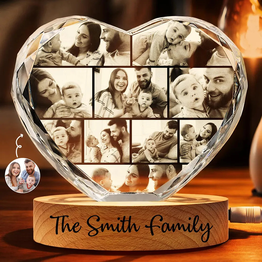 Family,Gift For Couples,Parents,Gift For Grandparents,Gift For Bestie,Pet Lovers,Love - Custom Photo Family Couple Bestie Pet - Personalized Crystal Heart Shaped Lamp