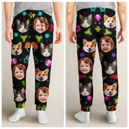 Christmas, Family, Happy - Custom Photo Family Face Neon Style Light It Up - Personalized Pajama Pants