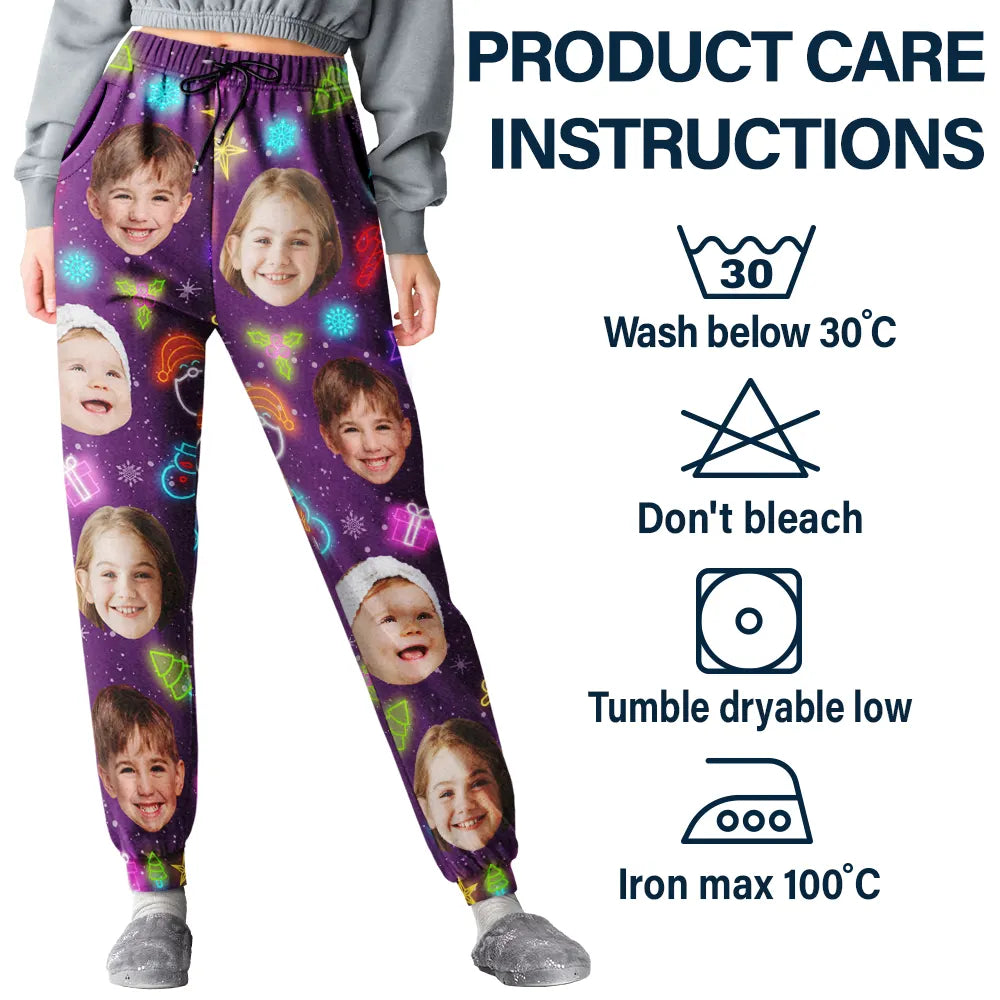 Christmas, Family, Happy - Custom Photo Family Face Neon Style Light It Up - Personalized Pajama Pants