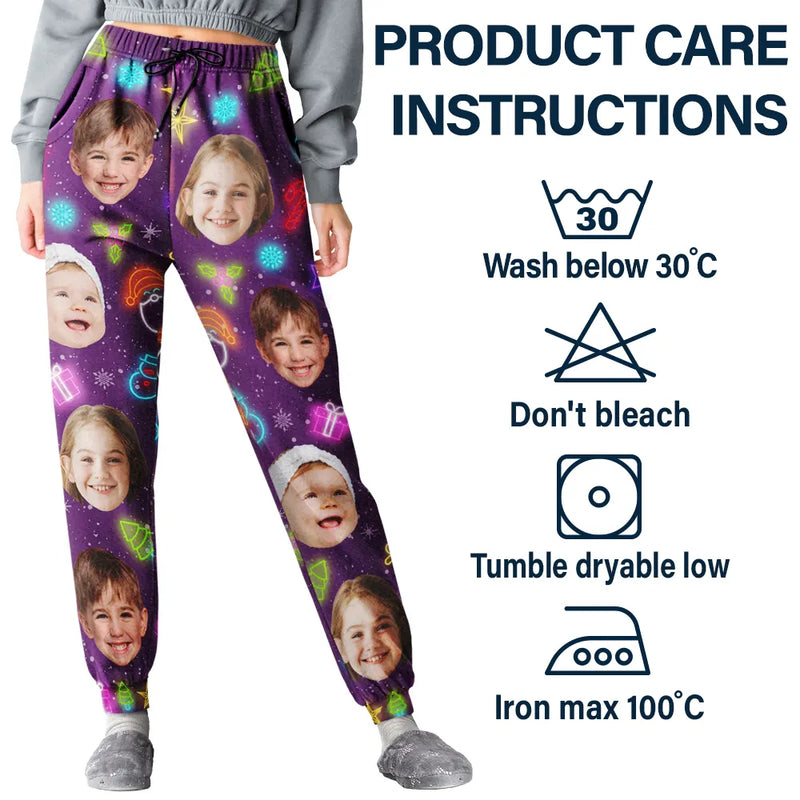 Christmas, Family, Happy - Custom Photo Family Face Neon Style Light It Up - Personalized Pajama Pants