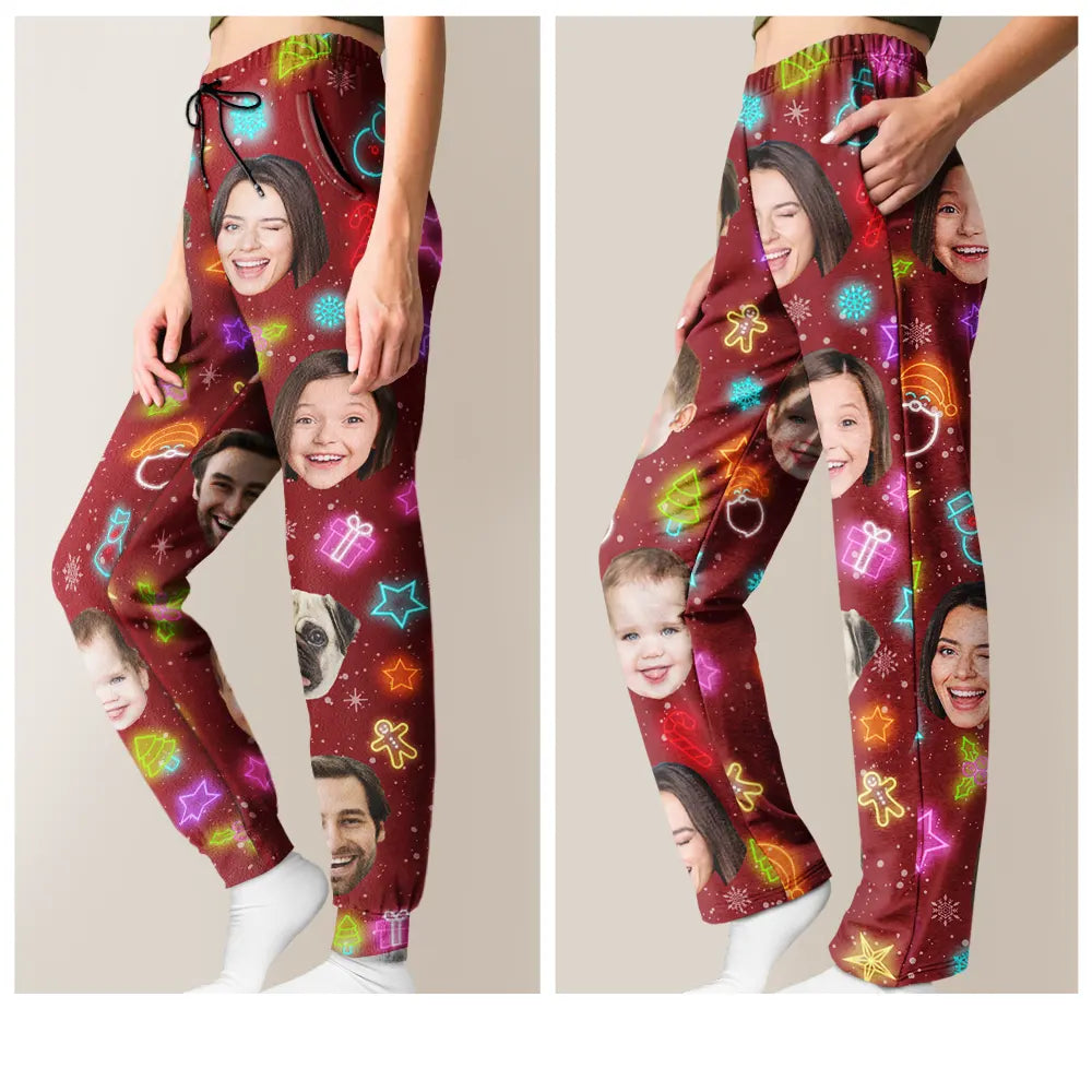 Christmas, Family, Happy - Custom Photo Family Face Neon Style Light It Up - Personalized Pajama Pants