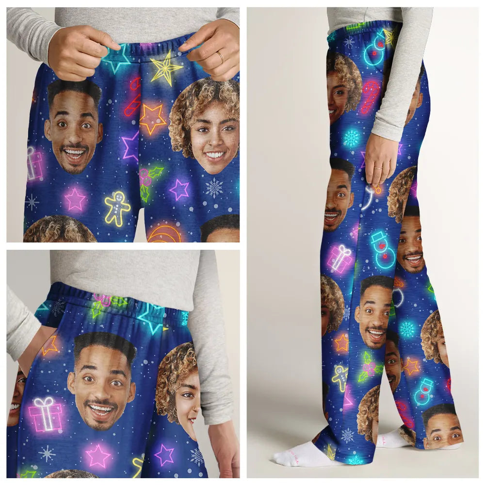 Christmas, Family, Happy - Custom Photo Family Face Neon Style Light It Up - Personalized Pajama Pants