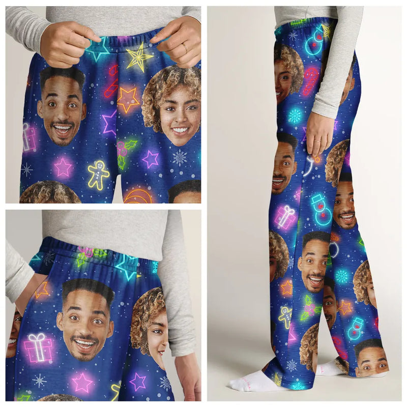 Christmas, Family, Happy - Custom Photo Family Face Neon Style Light It Up - Personalized Pajama Pants