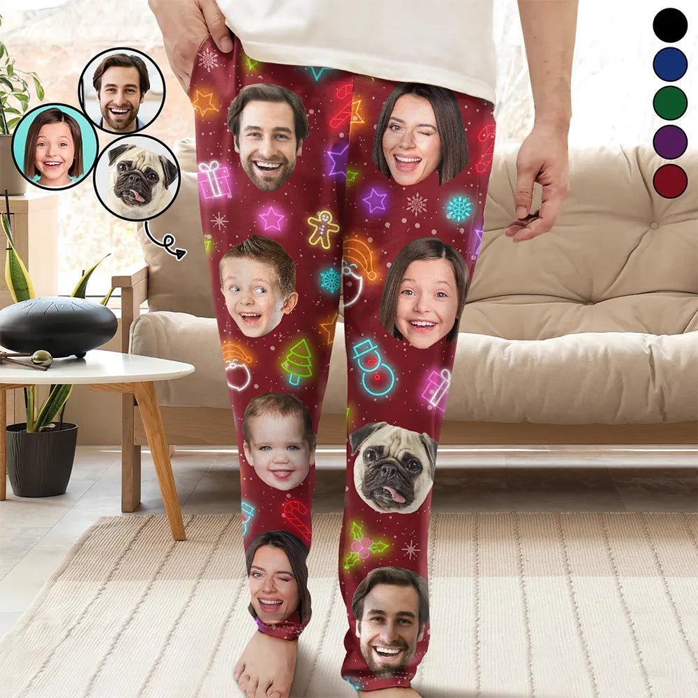 Christmas, Family, Happy - Custom Photo Family Face Neon Style Light It Up - Personalized Pajama Pants