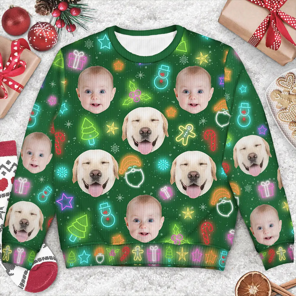 Custom Photo,Christmas,Family,Happy - Custom Photo Family Face Neon Style Light It Up - Personalized Unisex Ugly Sweater