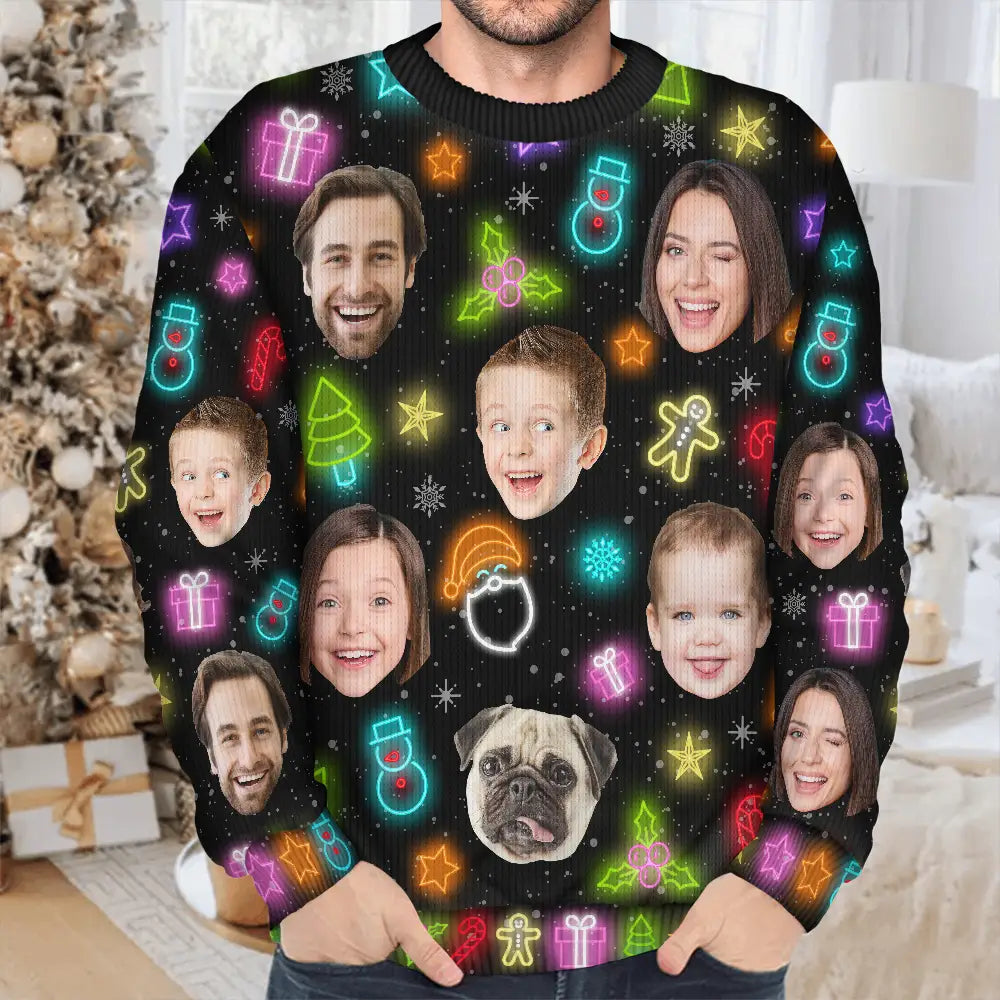 Custom Photo,Christmas,Family,Happy - Custom Photo Family Face Neon Style Light It Up - Personalized Unisex Ugly Sweater