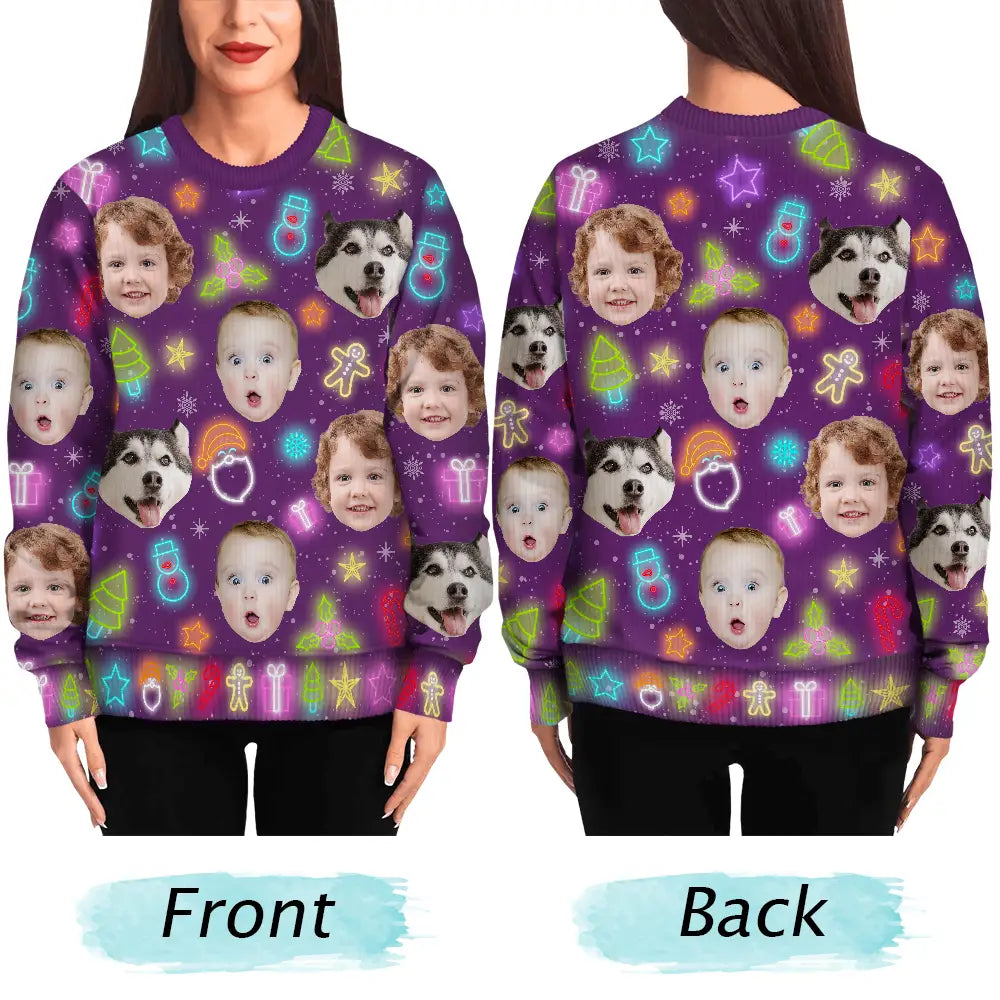 Custom Photo,Christmas,Family,Happy - Custom Photo Family Face Neon Style Light It Up - Personalized Unisex Ugly Sweater