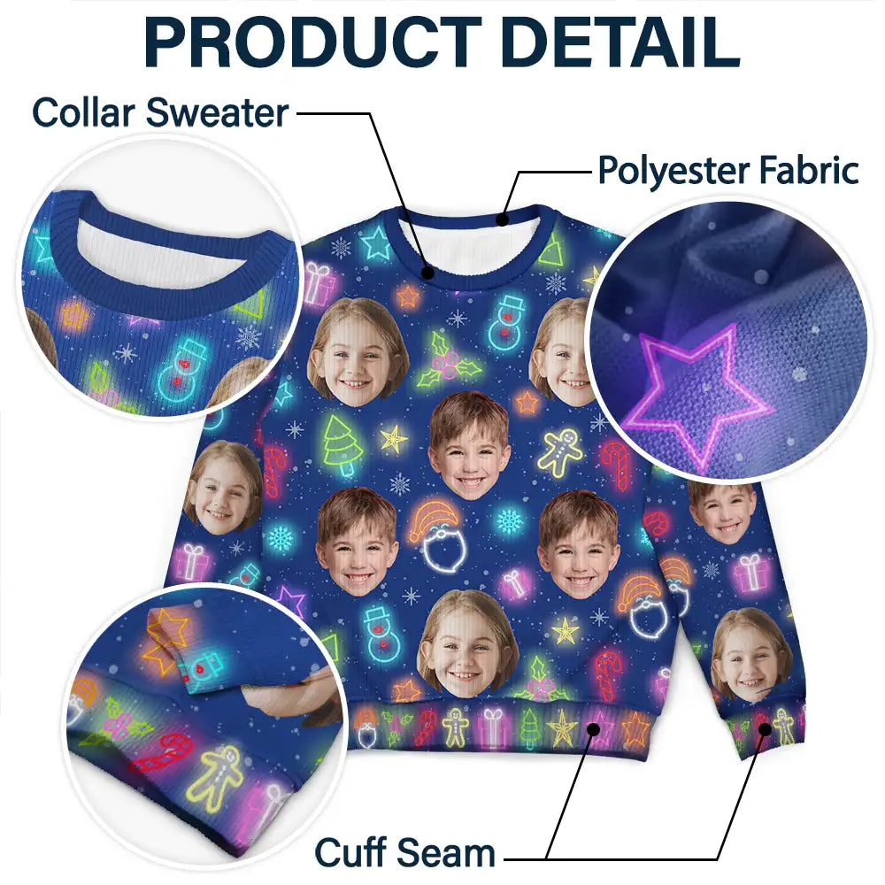 Custom Photo,Christmas,Family,Happy - Custom Photo Family Face Neon Style Light It Up - Personalized Unisex Ugly Sweater