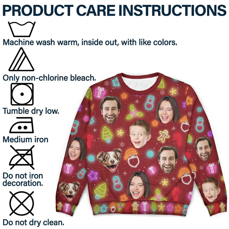 Custom Photo,Christmas,Family,Happy - Custom Photo Family Face Neon Style Light It Up - Personalized Unisex Ugly Sweater