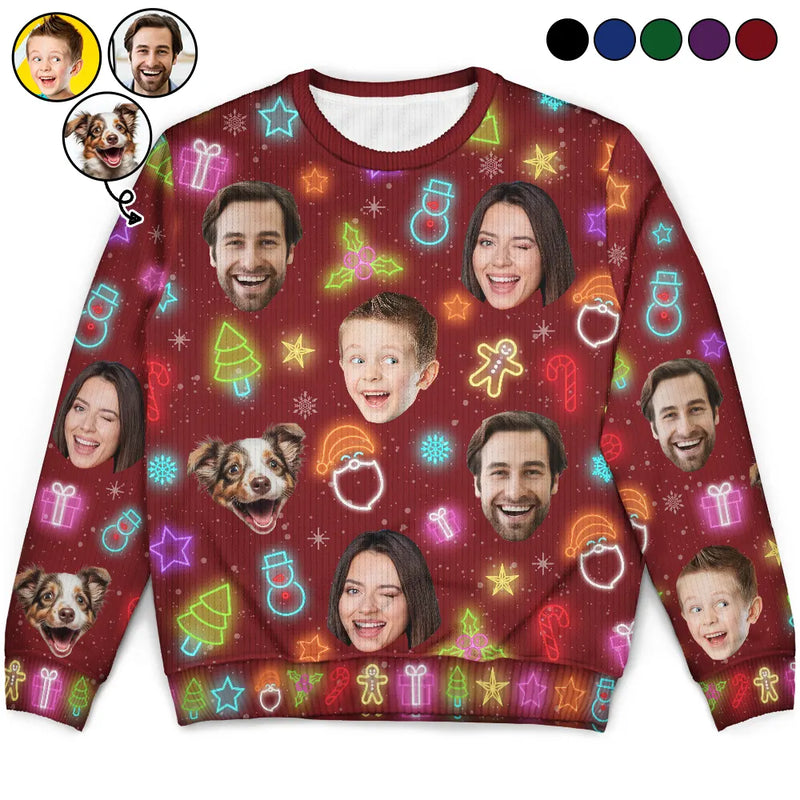 Custom Photo,Christmas,Family,Happy - Custom Photo Family Face Neon Style Light It Up - Personalized Unisex Ugly Sweater