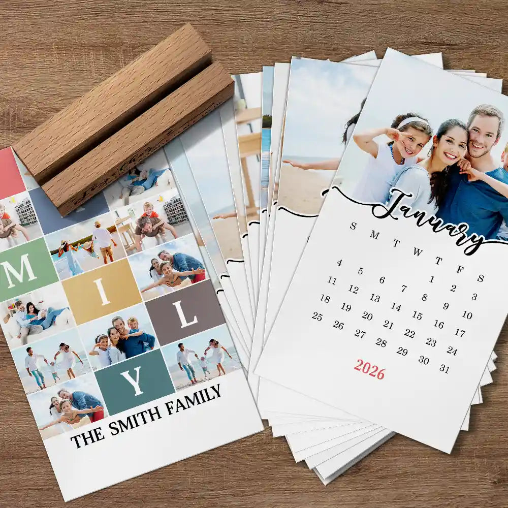 Family,Happy,Christmas,Love - Custom Photo Family Is Everything - Personalized Calendar With Wooden Stand