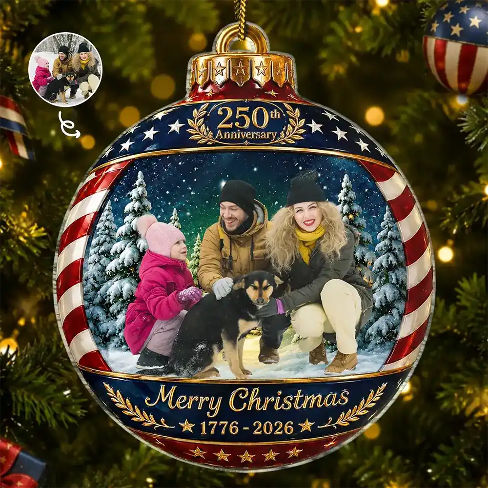 Independence Day,America 250th,Christmas,Proud,Custom Photo,Family,Remove BG Photo - Custom Photo Family Merry Christmas 250th Anniversary - Personalized Custom Shaped Acrylic Ornament