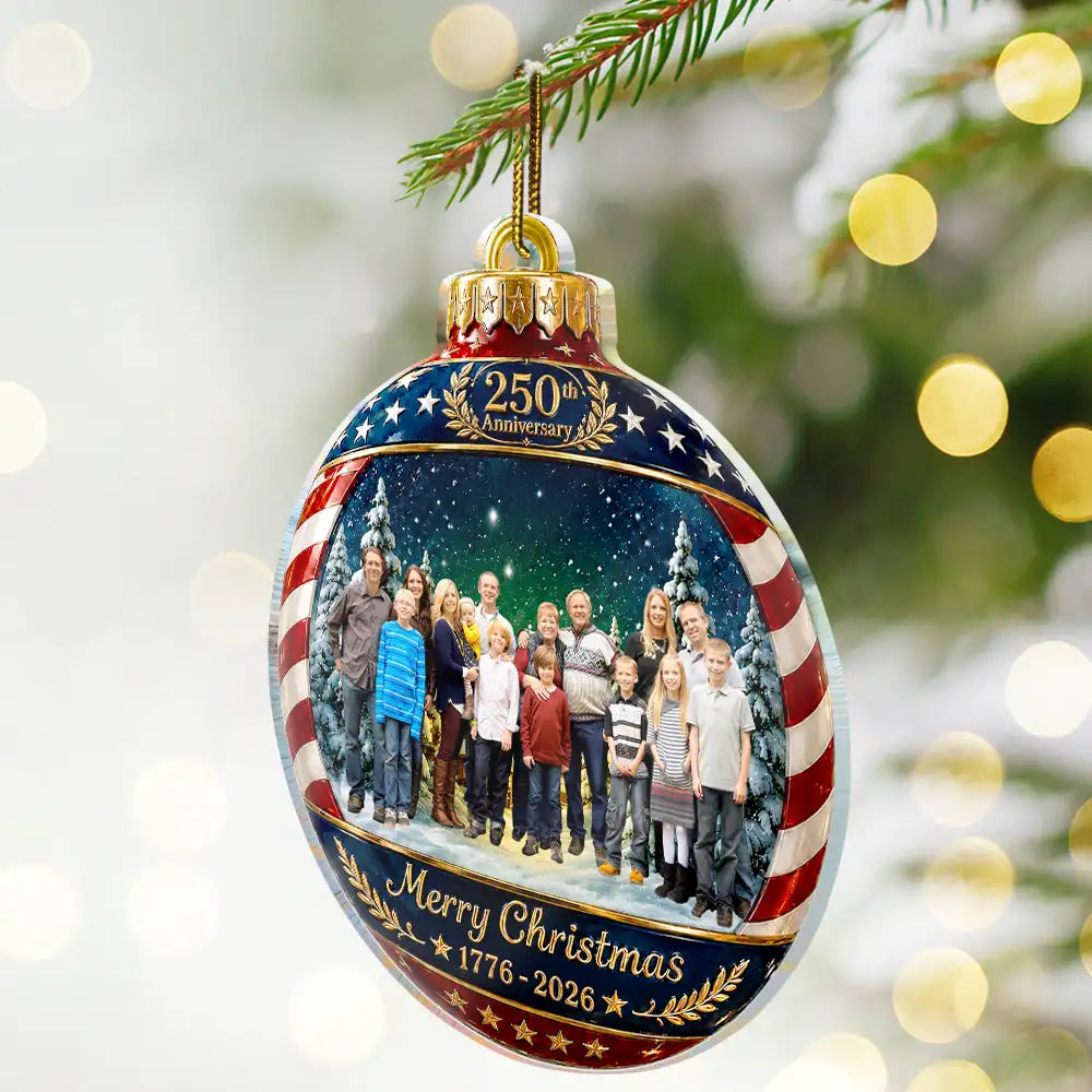 Independence Day,America 250th,Christmas,Proud,Custom Photo,Family,Remove BG Photo - Custom Photo Family Merry Christmas 250th Anniversary - Personalized Custom Shaped Acrylic Ornament