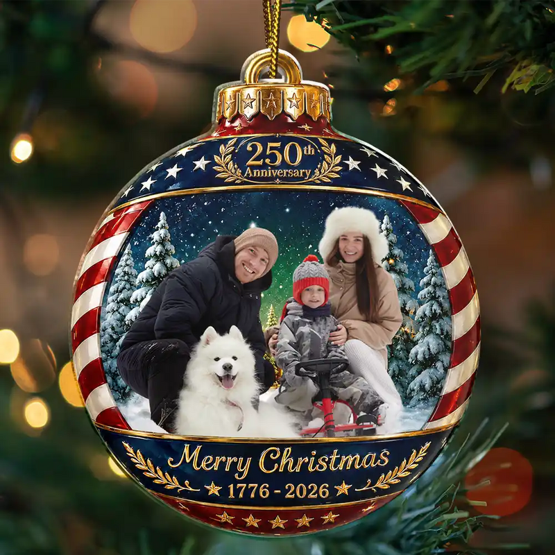 Independence Day,America 250th,Christmas,Proud,Custom Photo,Family,Remove BG Photo - Custom Photo Family Merry Christmas 250th Anniversary - Personalized Custom Shaped Acrylic Ornament