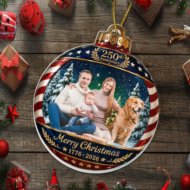 Independence Day,America 250th,Christmas,Proud,Custom Photo,Family,Remove BG Photo - Custom Photo Family Merry Christmas 250th Anniversary - Personalized Custom Shaped Acrylic Ornament