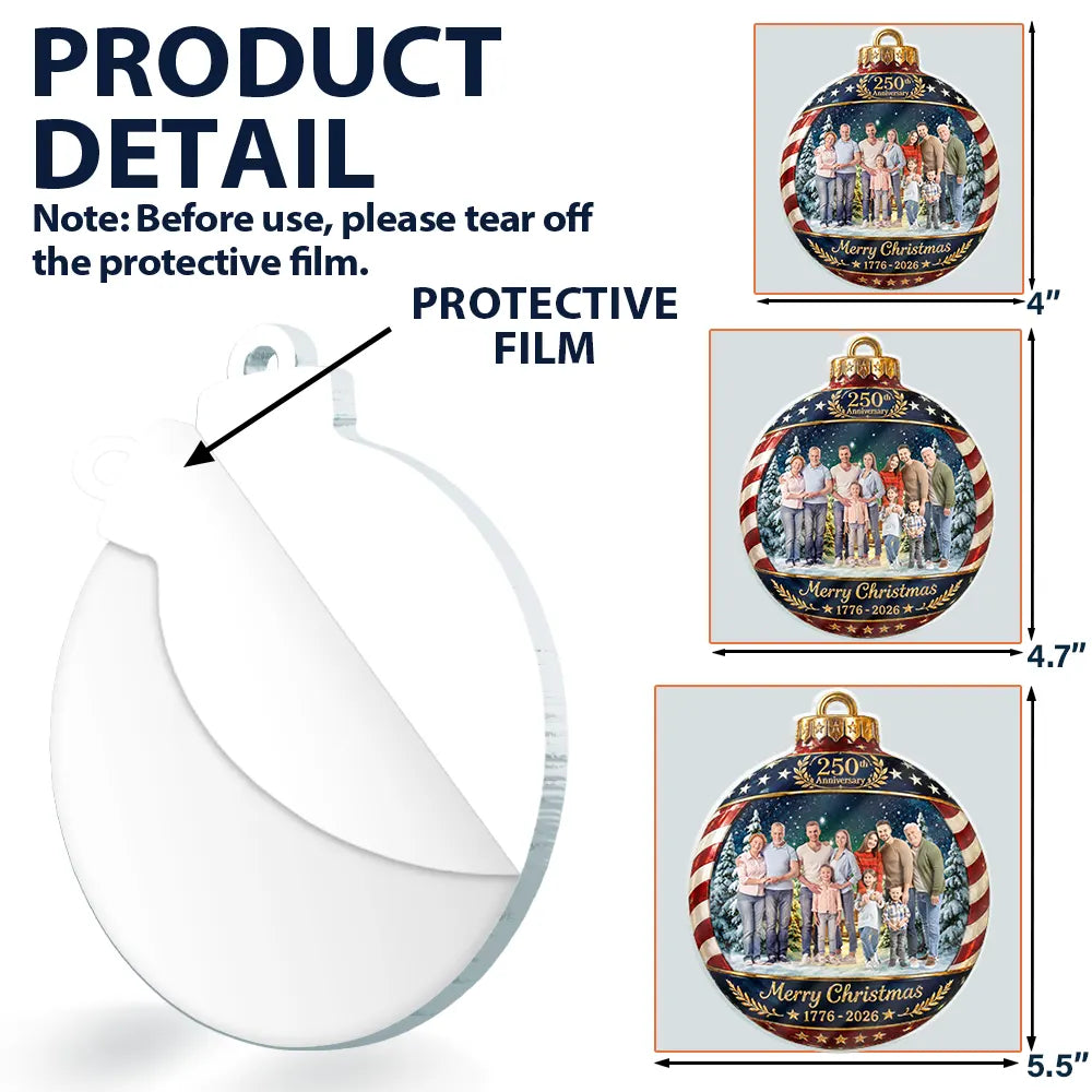 Independence Day,America 250th,Christmas,Proud,Custom Photo,Family,Remove BG Photo - Custom Photo Family Merry Christmas 250th Anniversary - Personalized Custom Shaped Acrylic Ornament