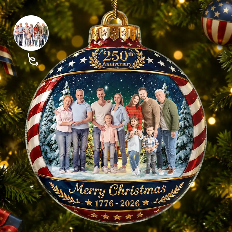 Independence Day,America 250th,Christmas,Proud,Custom Photo,Family,Remove BG Photo - Custom Photo Family Merry Christmas 250th Anniversary - Personalized Custom Shaped Acrylic Ornament