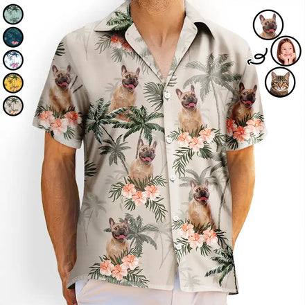 Custom Photo Family Pet Face Palm Tree Pattern - Personalized Hawaiian Shirt
