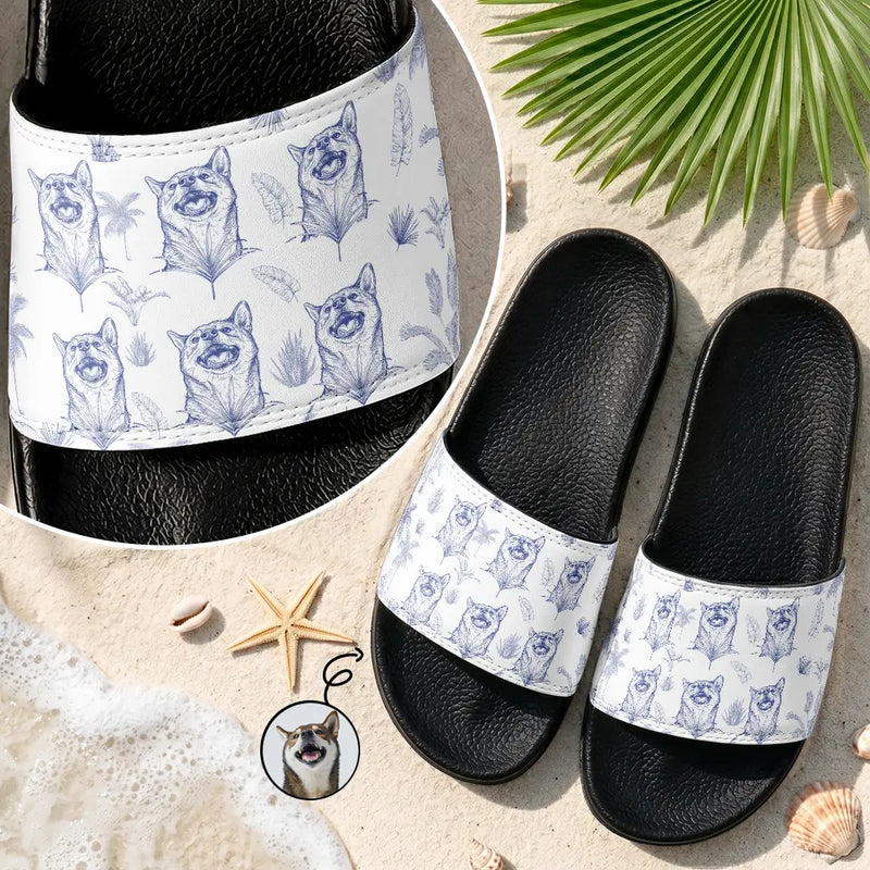 Custom Photo, Beach, Art Design, Summer, Pet Lovers, Playful, Photo - Pencil Sketch - Bold - Custom Photo Family Pet Pencil Sketch Toile De Jouy - Personalized Unisex Slides