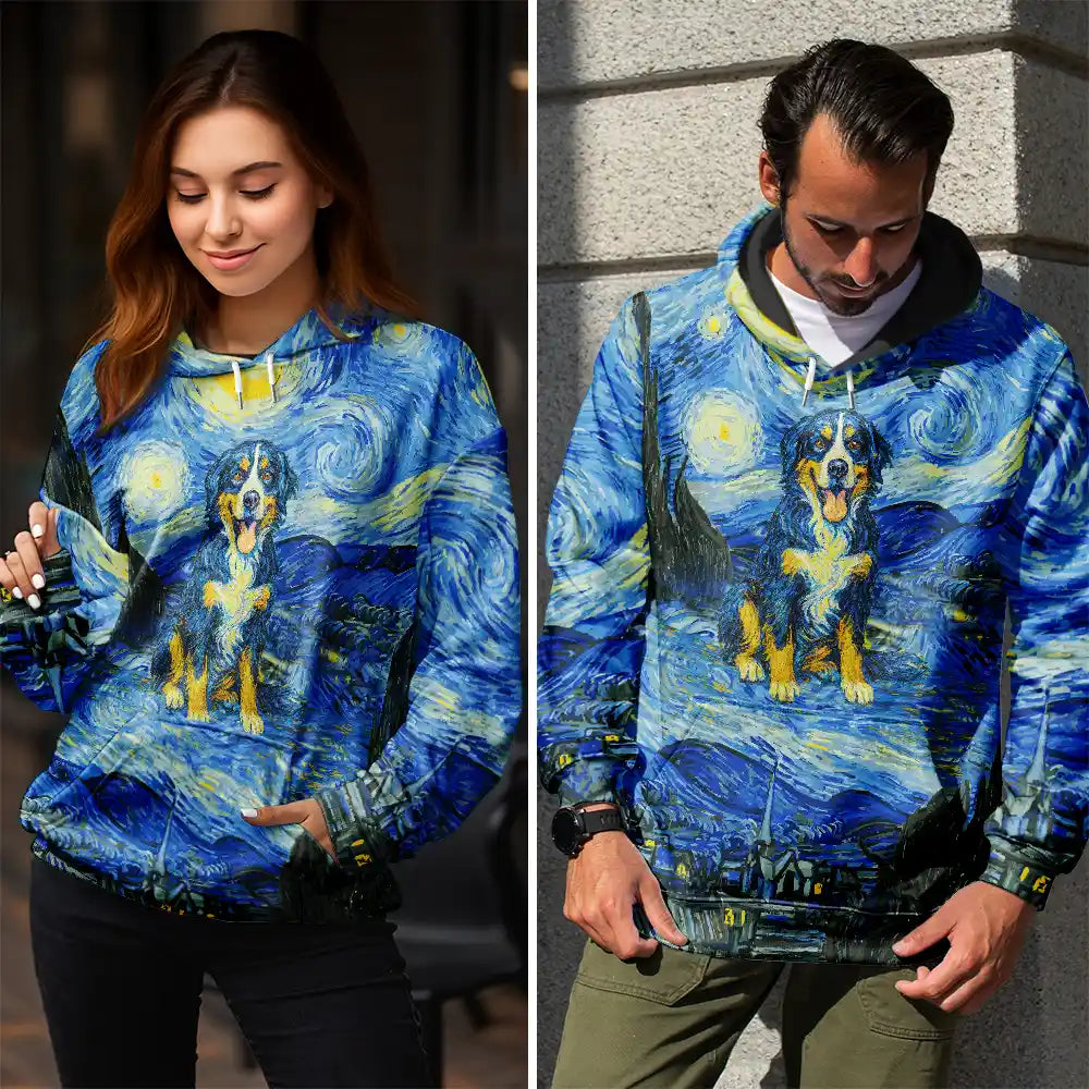 Pet Lovers,Gift For Yourself,Happy - Custom Photo Family Pet Portrait Art Style Starry Night Painting Effect - Personalized Pullover Hoodie