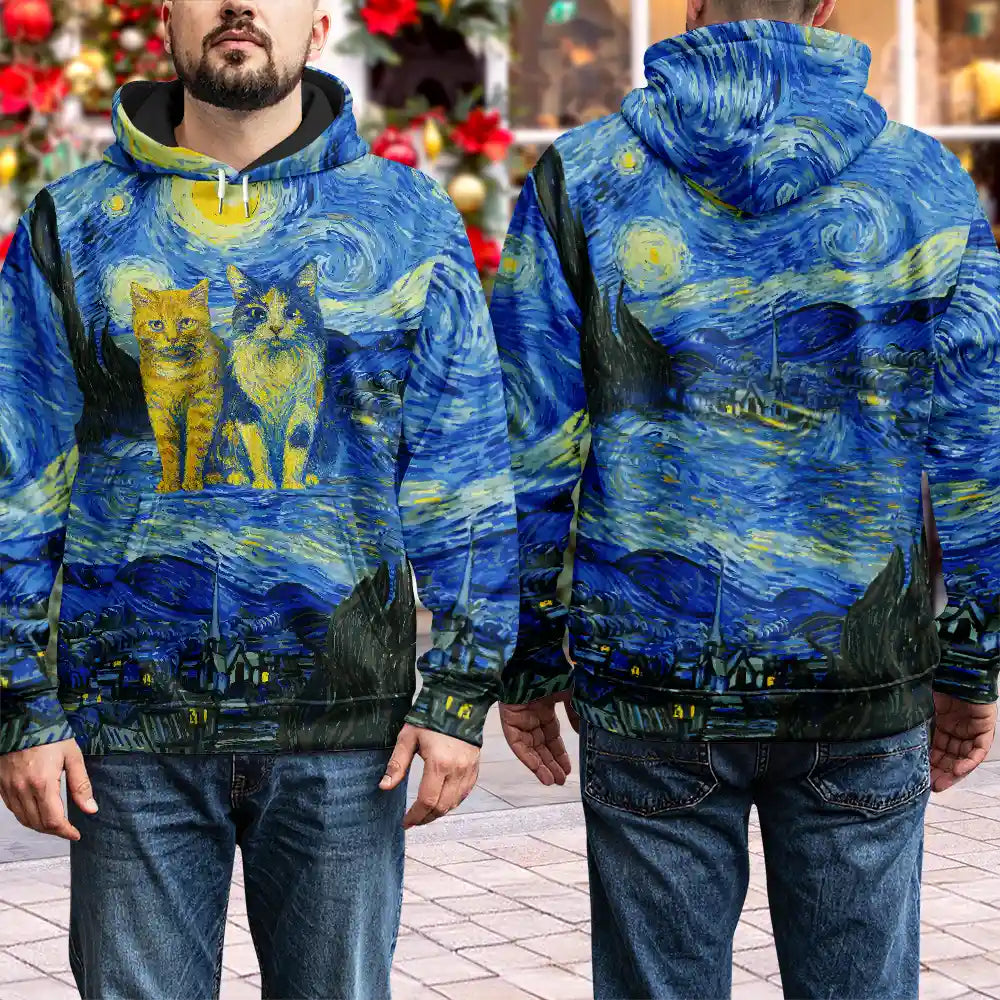 Pet Lovers,Gift For Yourself,Happy - Custom Photo Family Pet Portrait Art Style Starry Night Painting Effect - Personalized Pullover Hoodie